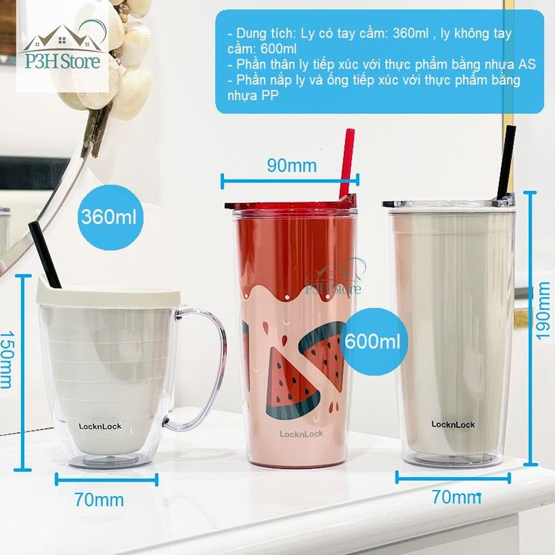 Ly nhựa 2 lớp Lock&amp;Lock Cold Cup 360ml/600ml kèm ống nắp trượt đóng mở HAP523IVY 524RED HAP525IVY