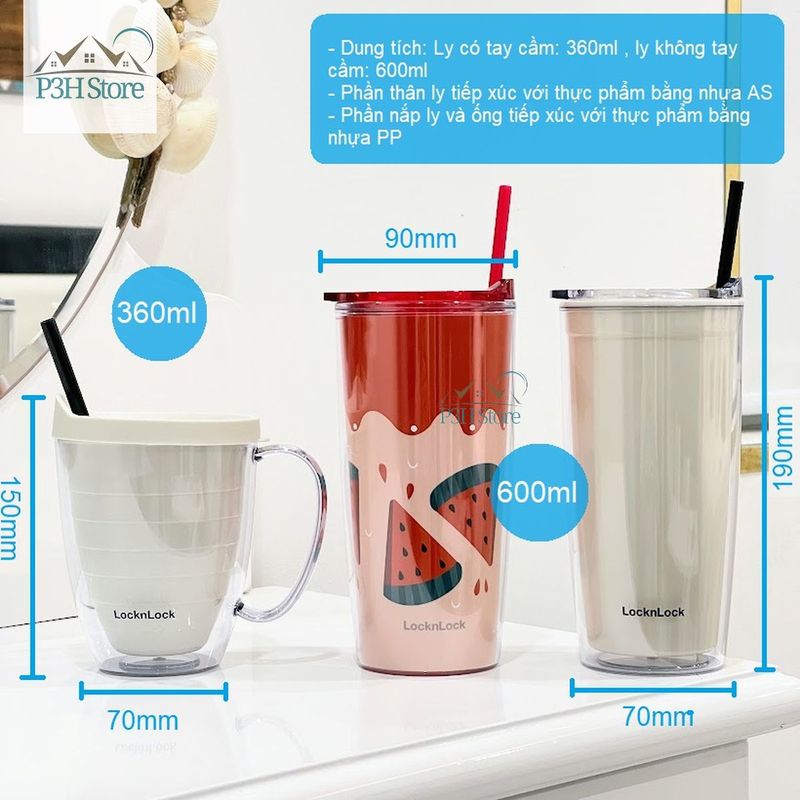 Ly nhựa 2 lớp Lock&Lock Cold Cup 360ml/600ml kèm ống nắp trượt đóng mở HAP523IVY 524RED HAP525IVY