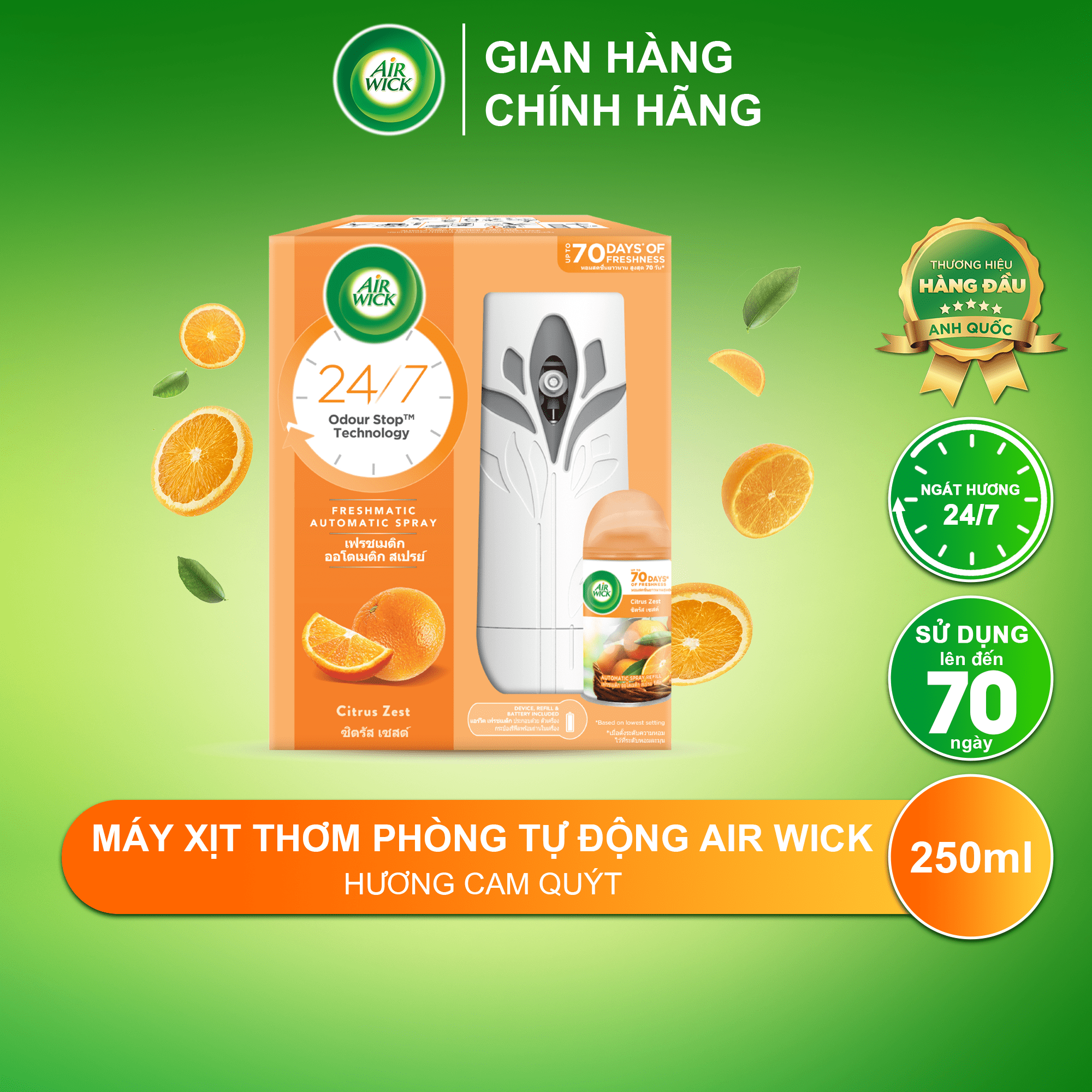 Máy xịt thơm phòng AIRWICK hương Cam Quýt, Anh Quốc, hương thơm thanh mát, công nghệ Odour Stop, ngát hương 24/7 250ml