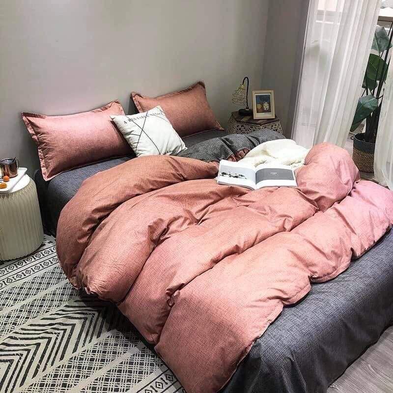 Bộ chăn ga Cotton hồng ghi - mẫu mới phong cách Hàn Quốc