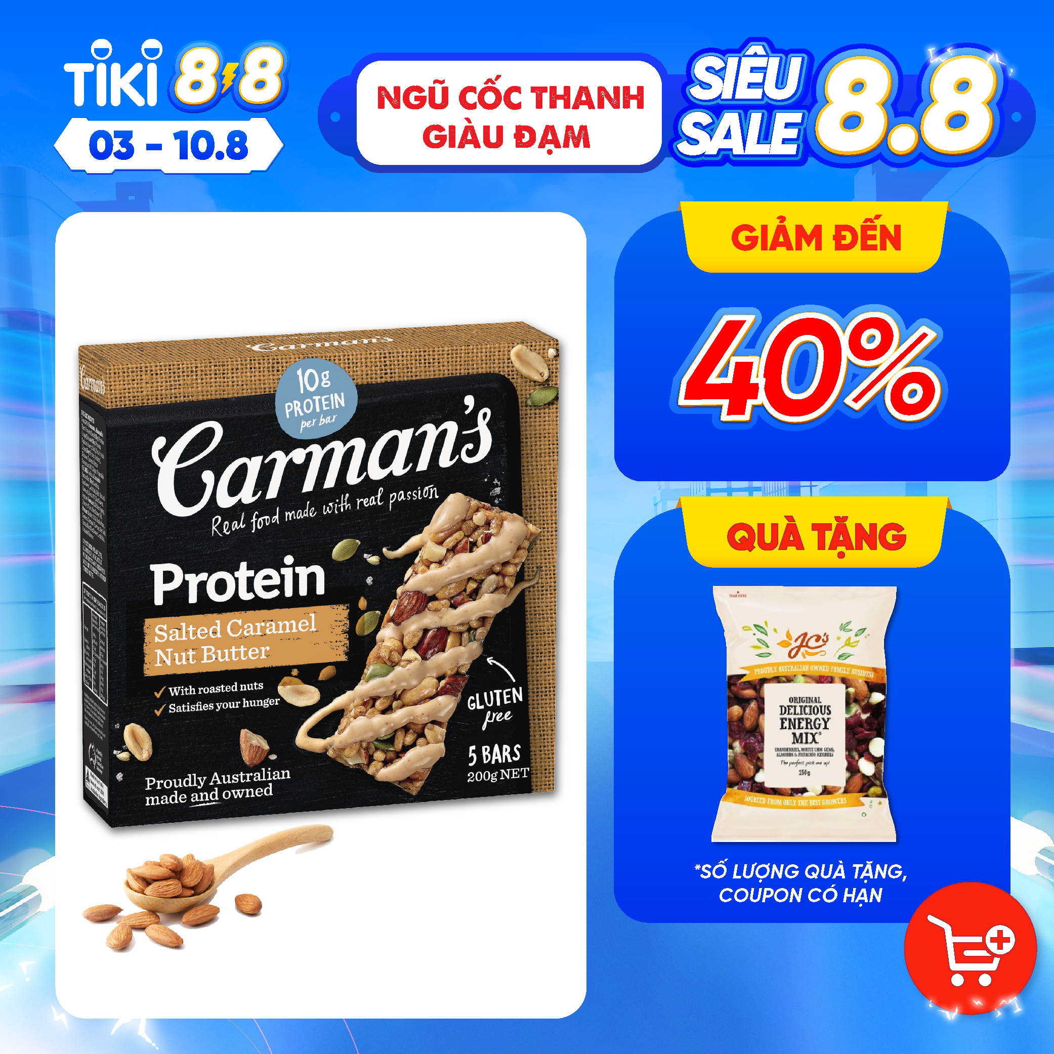 Thanh Giàu Đạm Carman's Protein Bar Salted Caramel Nut Butter - Vị Caramel Muối, Bơ Hạt - 200g