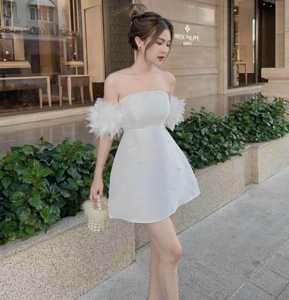 Đầm xòe trễ vai phối tay