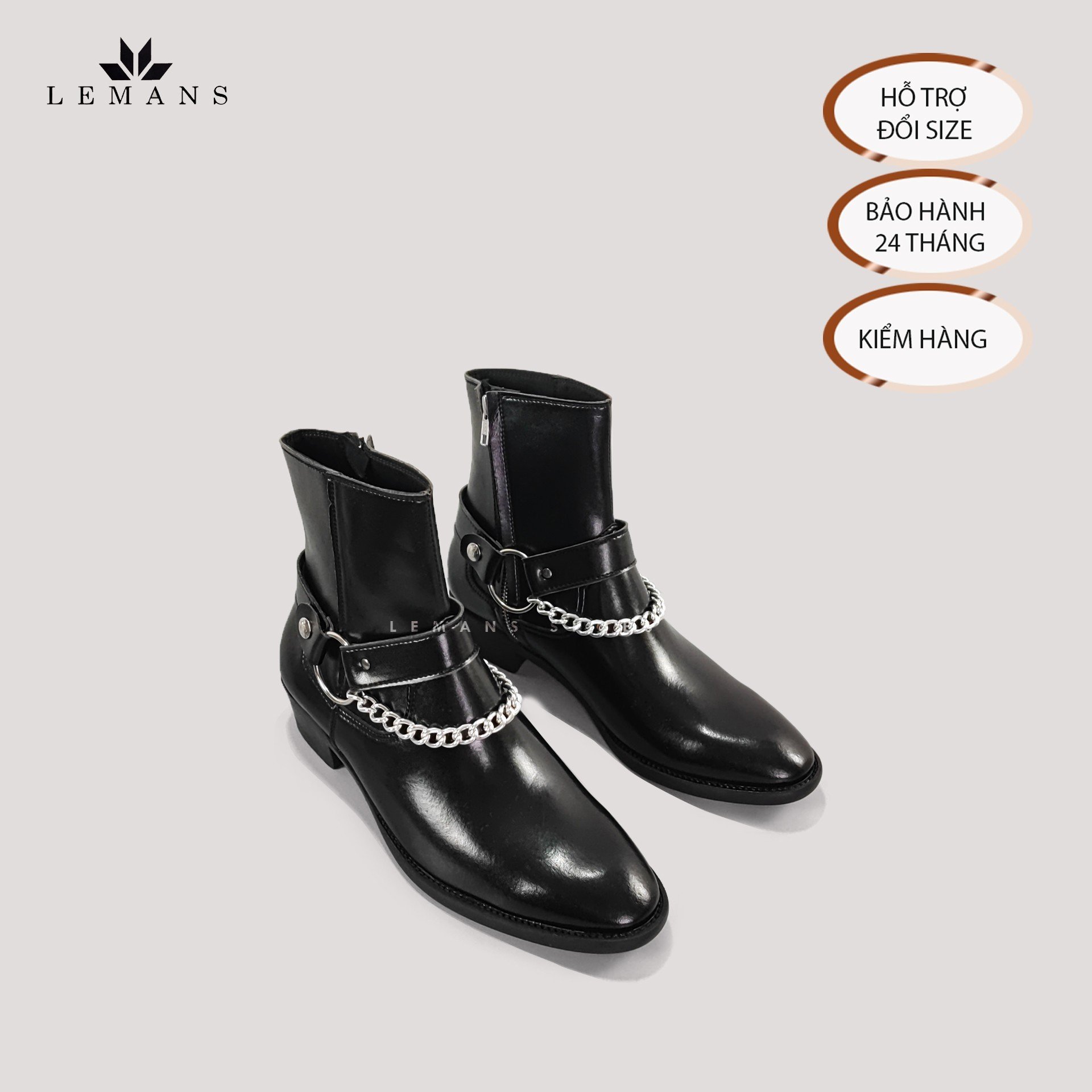 Giày da bò Zip Boots Black LeMans ZB01B, phối đai xích tạo thành 3 đôi Harness, bảo hành 24 tháng