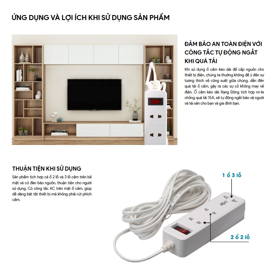Ổ cắm điện Rạng Đông OC05 3C/10A dây dài 2m và 5m đa năng chịu tải tốt, chịu nhiệt an toàn - Hàng chính hãng