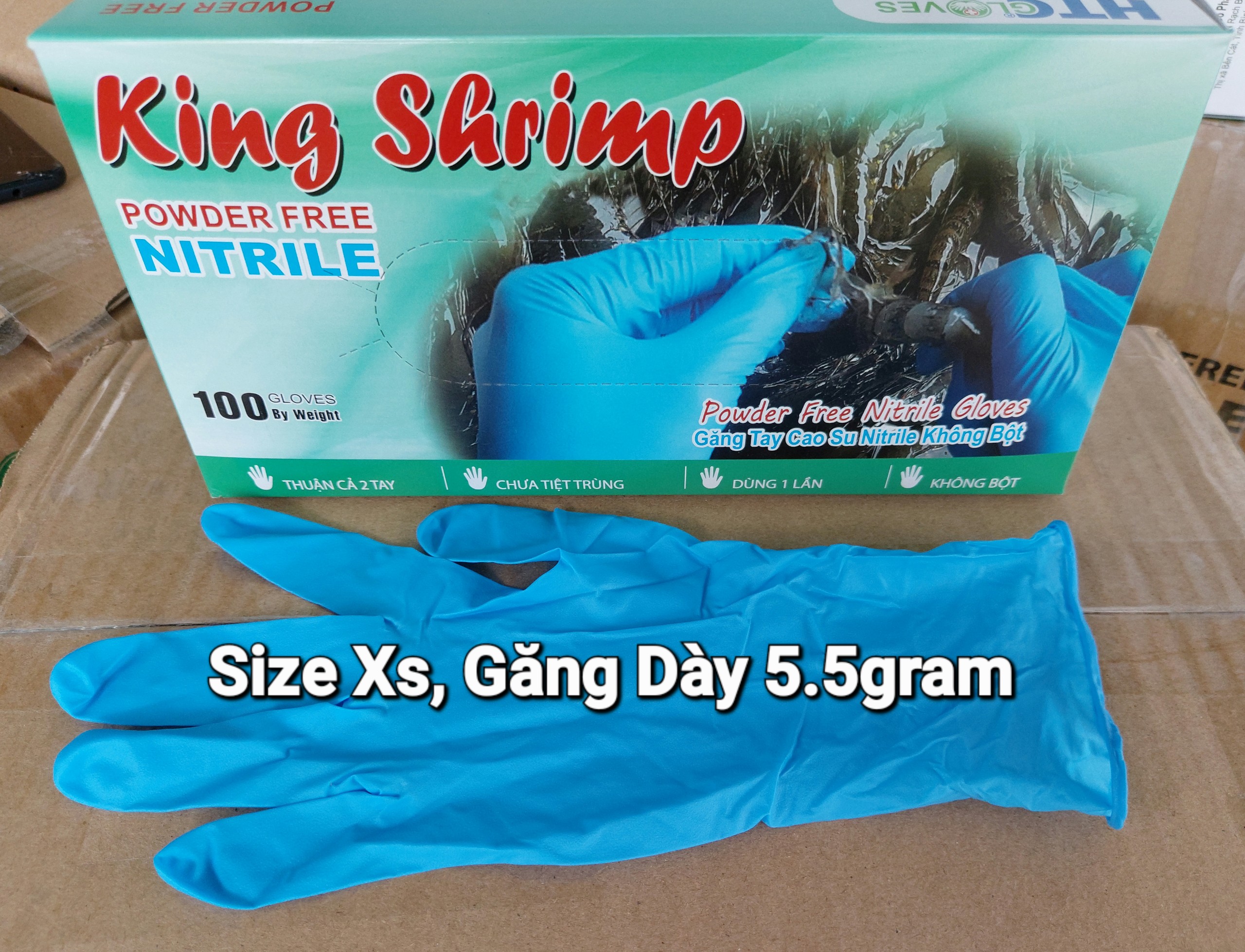 [ Hàng Chính Hãng Miễn Ship ] Găng Tay Nitrile Xanh Không Bột Cao Cấp KingShrimp Gloves. Bao Tay Xanh Dày 5.5gram