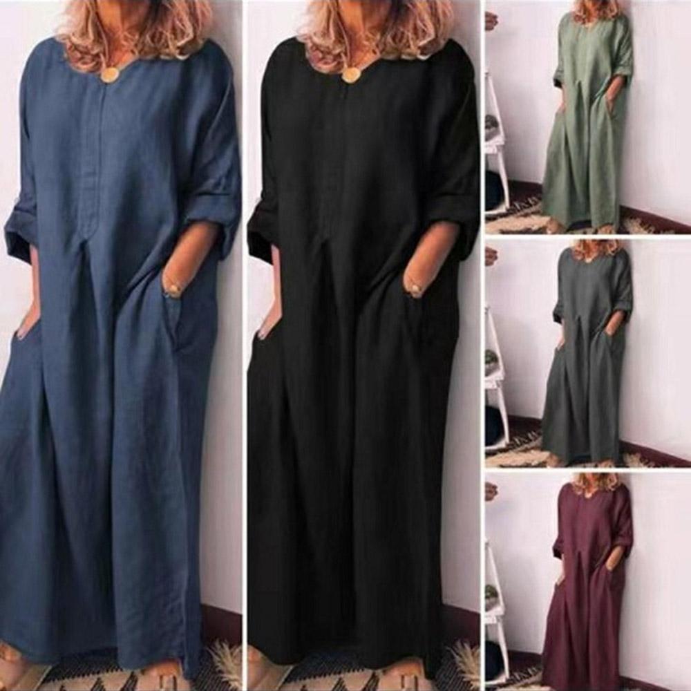 Women's Long Dress Pockets Loose O-Neck Plus Size Solid Lady Clothes Fashion Casual