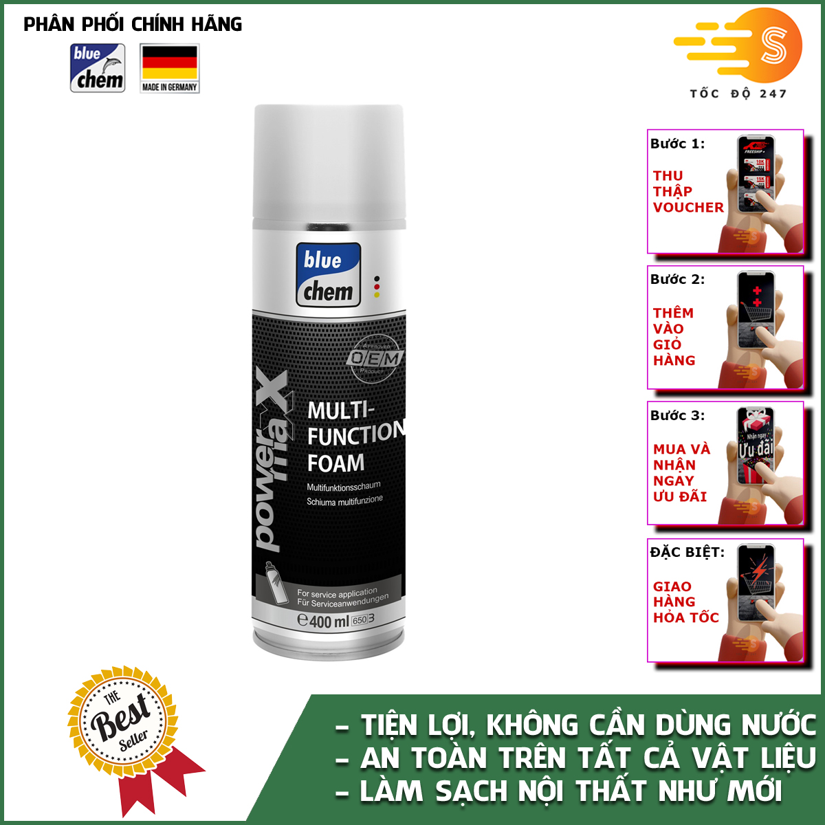 Chai xịt bọt vệ sinh nội thất ô tô đa năng Bluechem 22115-C - Không cần nước, làm sạch nhanh, loại bỏ dầu mỡ, bụi bẩn, đồng thời làm bóng chi tiết