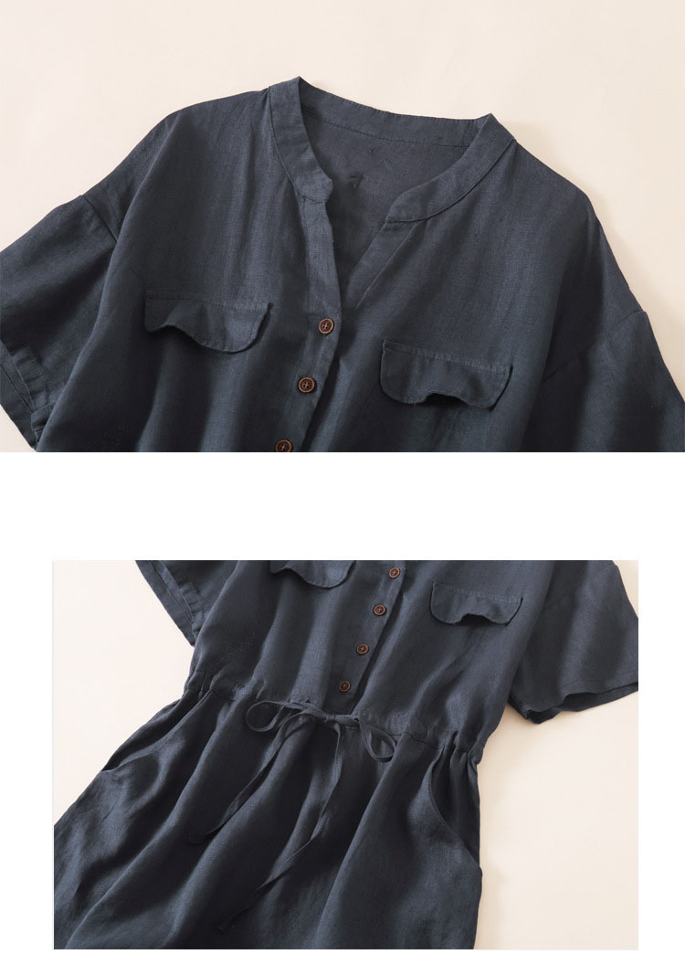 Đầm linen nữ ngắn tay, túi ốp ngực, dây rút eo xinh xắn, thời trang nữ cao cấp Da163