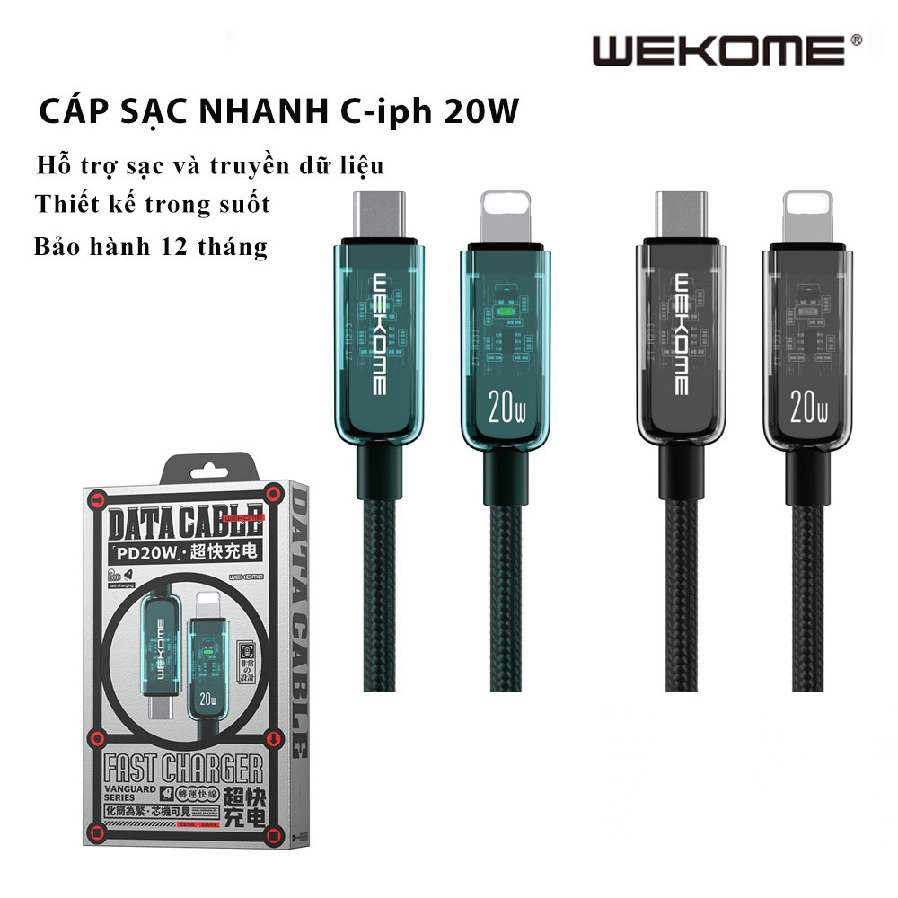 Cáp sạc 20W 6A Hàng Nhập Khẩu WEKOME WK Design trong suốt WDC 181 siêu bền chống đứt cho IPh 7 8 x xs max 11 12 13 14 pro