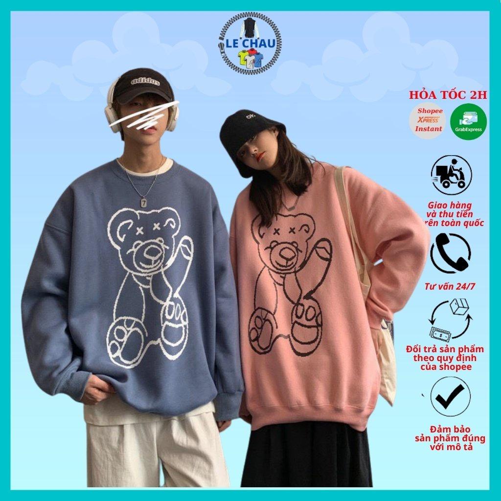Áo sweater nỉ unisex form rộng hoodie street style nam nữ ulzzang hottrend hình in gấu phản quang cực chất