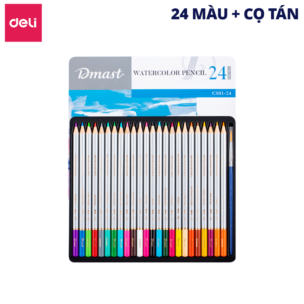 [Tặng Cọ] Bút Chì Màu Gốc Nước Dmast Cao Cấp Deli - Chì Màu Hộp Thiếc 24/36/48/72 Màu - Tô Vẽ Tranh Chuyên Nghiệp