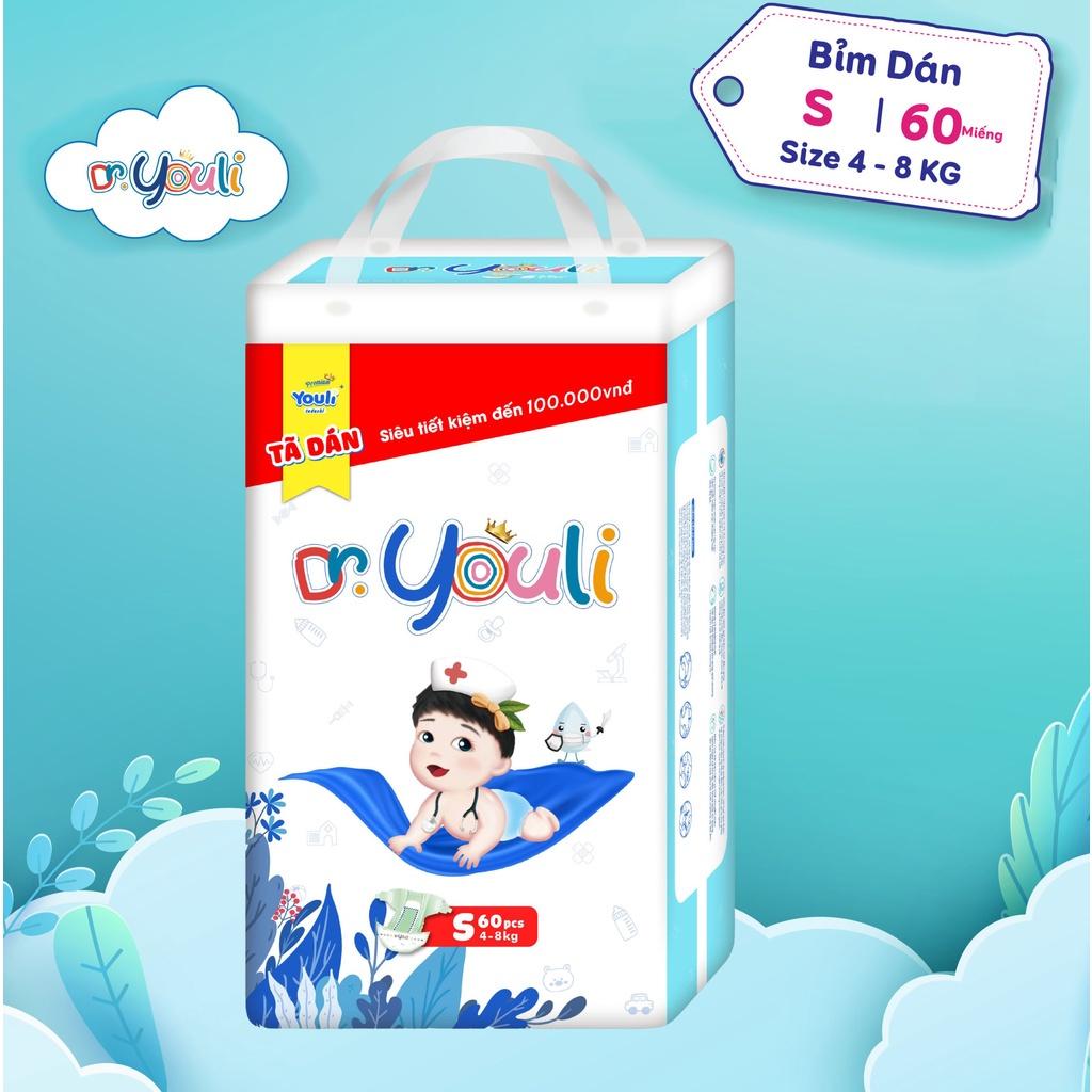 Tã Bỉm Dán Sơ Sinh Dr. YOULI Size S 60 Miếng Đai Chun Mềm Mại, Mỏng Nhẹ Siêu Thấm Hút Cho Bé 4-8 kg