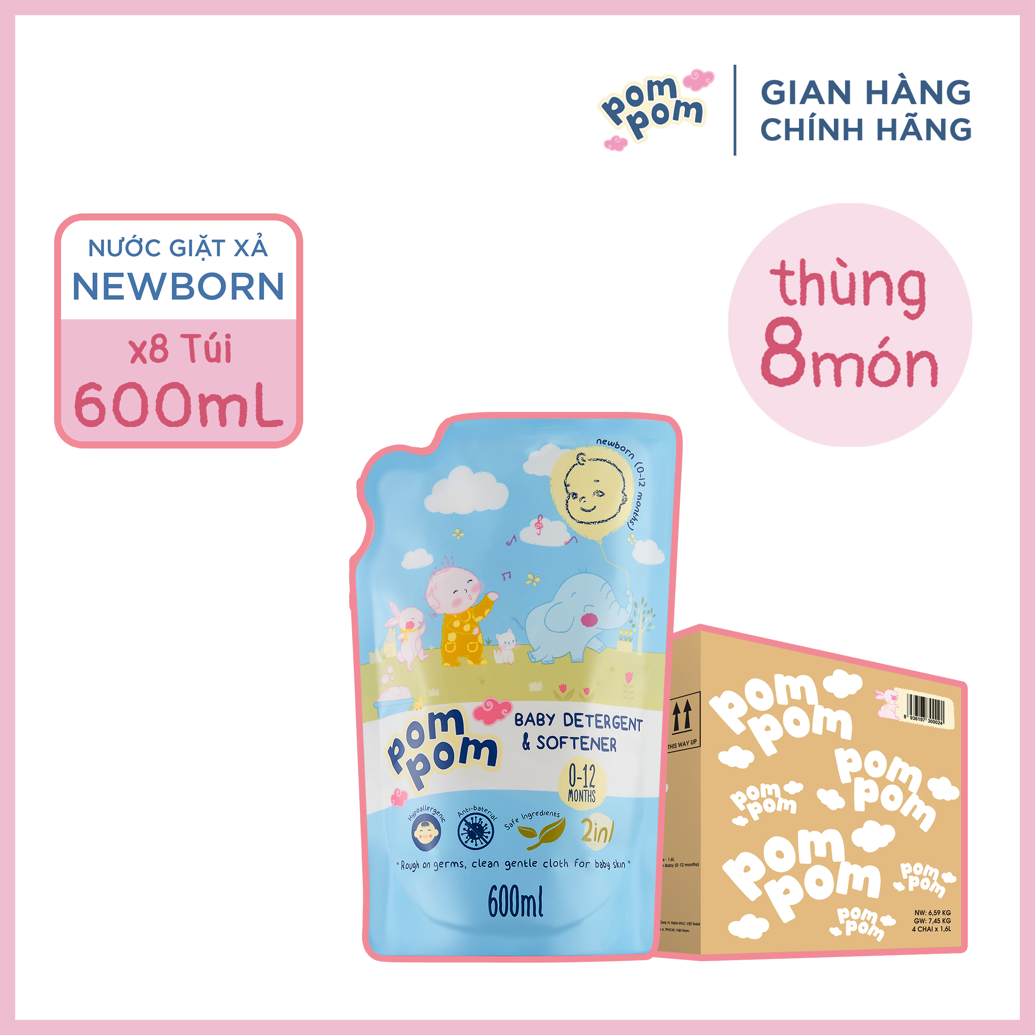 Thùng 8 Túi Nước Giặt Xả Cho Bé Từ 0-12 Tháng Tuổi - Dung Tích 600ml