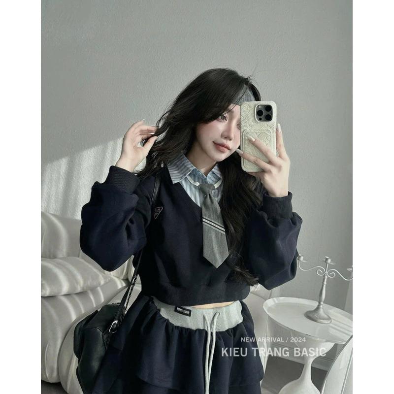 Set nỉ Miu kèm cà vạt siu xinh BY JOLIE - Ghi