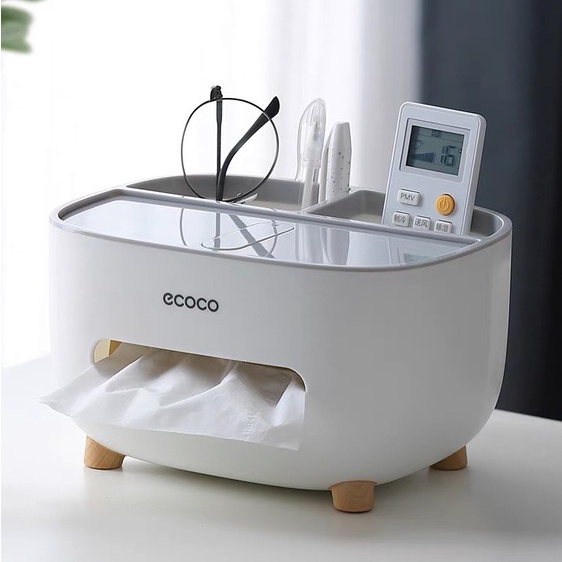 Hộp đựng khăn giấy trang trí để bàn có 2 hộc đựng đồ đa năng - Hộp khăn giấy chất liệu nhựa ABS