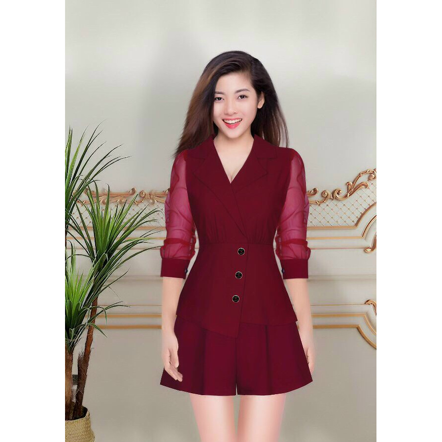 Set nguyên bộ quần giả váy áo rời tay lỡ phối lưới dây kéo lưng xinh xắn