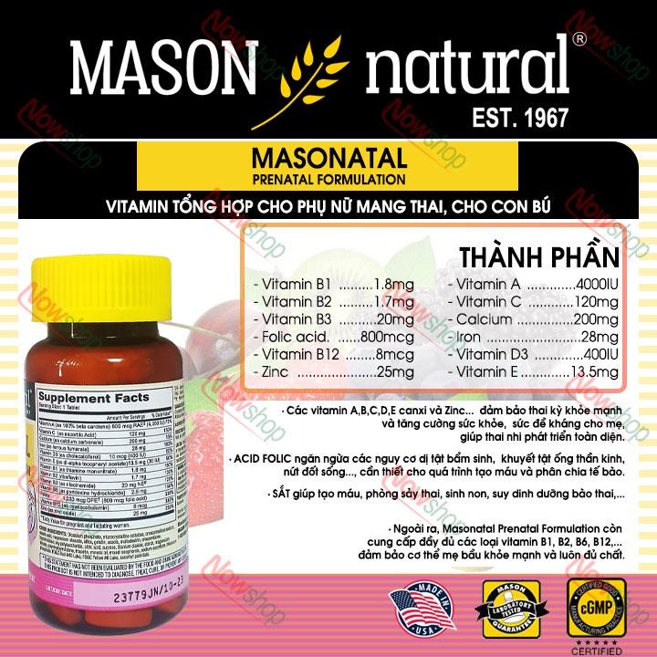 Viên uống bổ sung vitamin tổng hợp cho phụ nữ mang thai và cho con bú Mason Natural Masonatal Prenatal Formulation