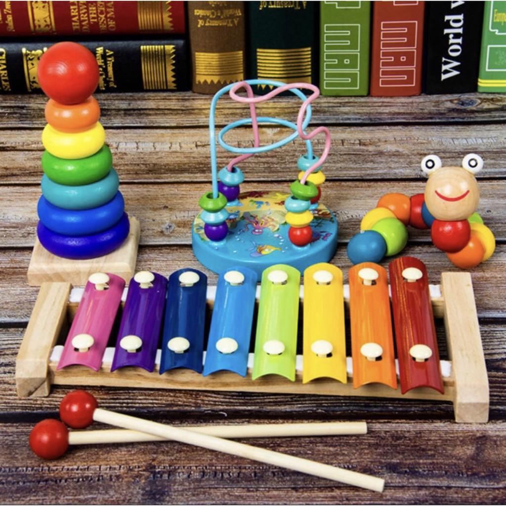 Combo 4 món đồ chơi gỗ - Đồ chơi gỗ dạng sâu- luồn hạt- tháp cầu vồng- đàn gỗ cho bé