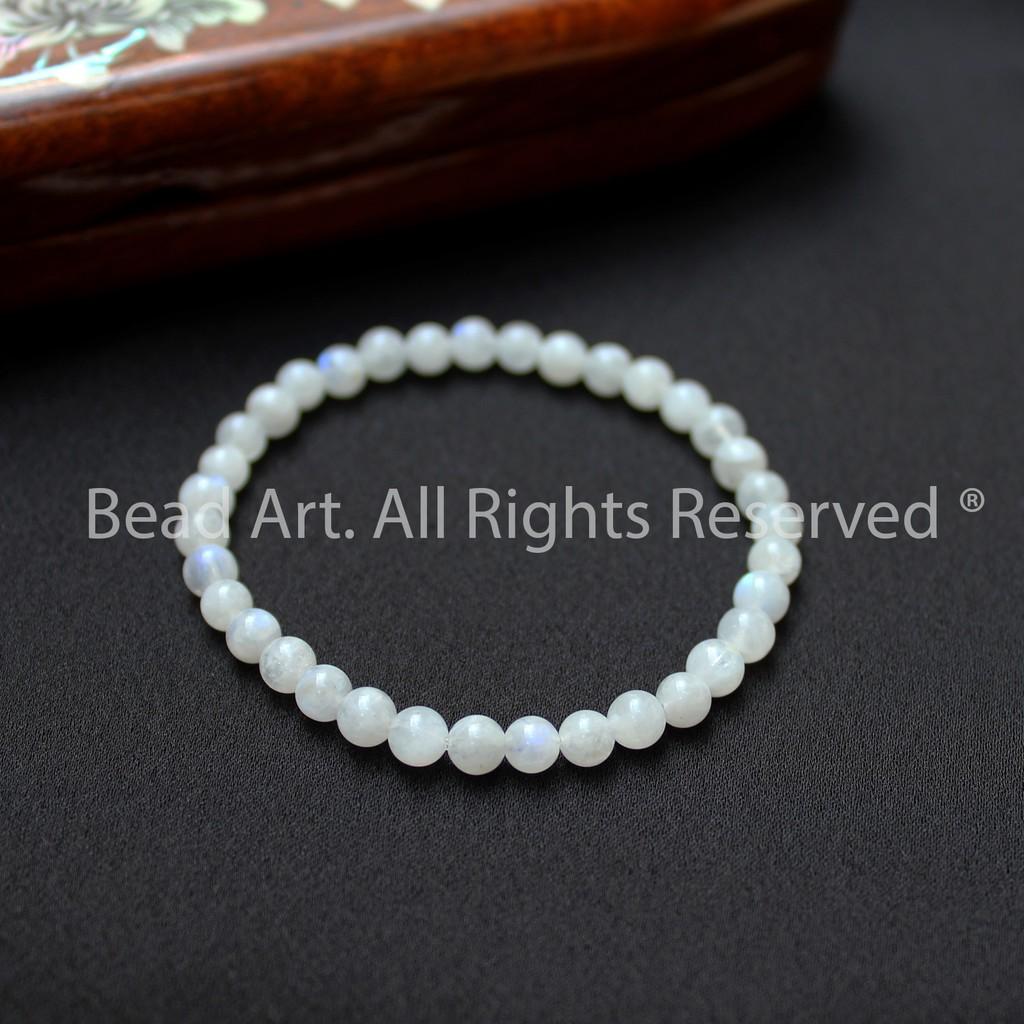 Vòng Tay Đá Mặt Trăng, Đá Moonstone Tự Nhiên Ánh Cầu Vồng 4MM-4.5MM, Vòng Tay Phong Thuỷ, Chuỗi hạt, Mệnh Kim, Thuỷ - Bead Art