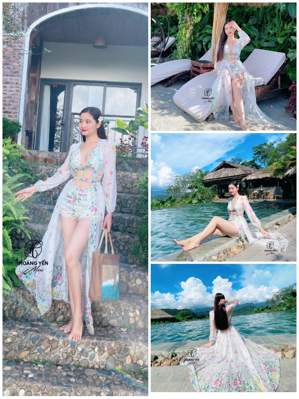 Bikini đi biển + áo choàng đi biển màu trắng in hoa cỏ chất tơ mềm mịn bây bổng HOANGYEN