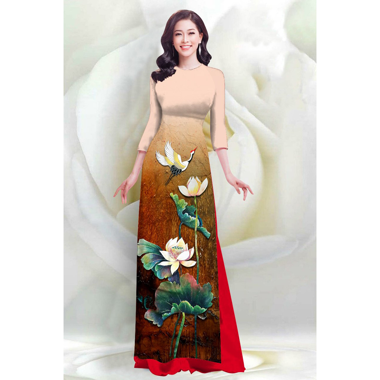 SÉT ÁO DÀI LỤA TRUYỀN THỐNG IN HOA SEN & CHIM CÒ MÀU KEM
