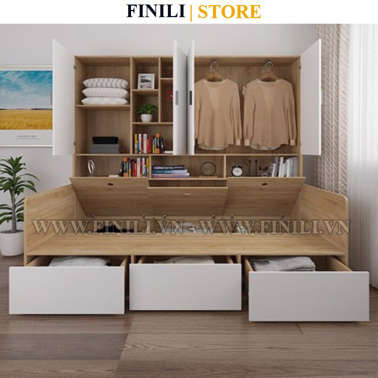 Giường ngủ kết hợp tủ áo FINILI gỗ công nghiệp 3 ngăn kéo FNL2012