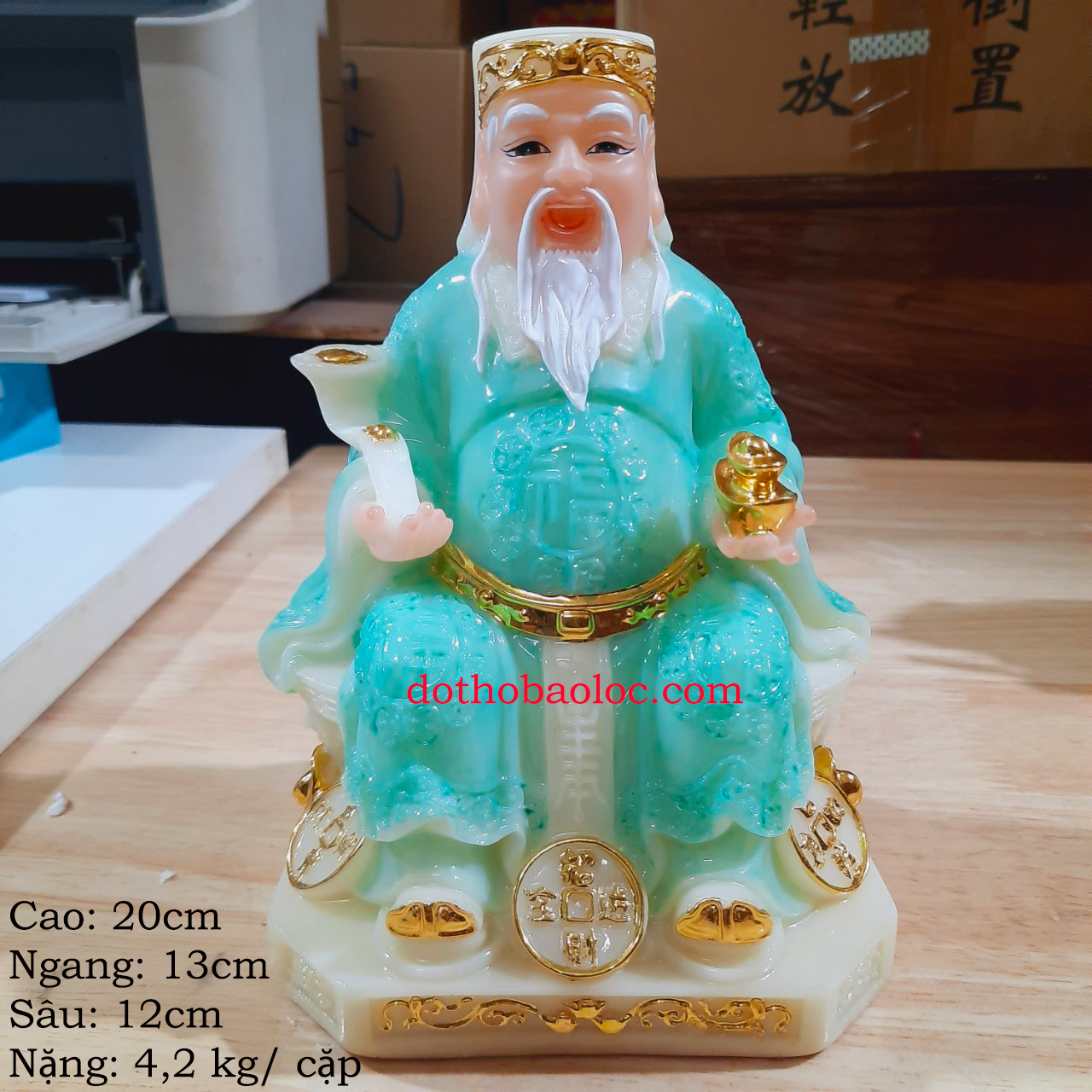 Tượng Thần Tài Thổ Địa bằng đá cao cấp nhập khẩu màu xanh ngọc cao 20cm