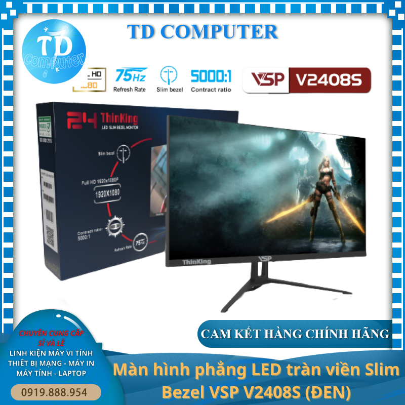 Màn hình Phẳng Tràn viền Gaming 24inch VSP V2408S [ĐEN] (23.8&quot; VA FHD 75Hz, HDMI+VGA) - Hàng chính hãng TECH VISION phân phối