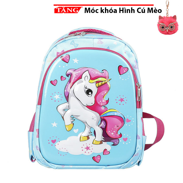 Balo cho bé gái in hình 3d ngựa PoNy thả tim thời trang dễ thương FGH454  Tặng móc khóa cú mèo