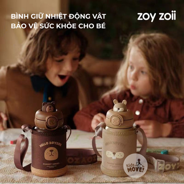 Bình nước giữ nhiệt cho bé Zoyzoii E8 có túi đựng Thermos cup, chất liệu inox 316 cao cấp, nắp chống rò nước an toàn, hình thú đáng yêu - Hàng chính hãng