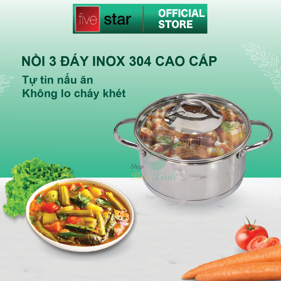 Bộ nồi inox 304 cao cấp FIVESTAR Plus quai oval kiểu Silit 5 món nắp kính