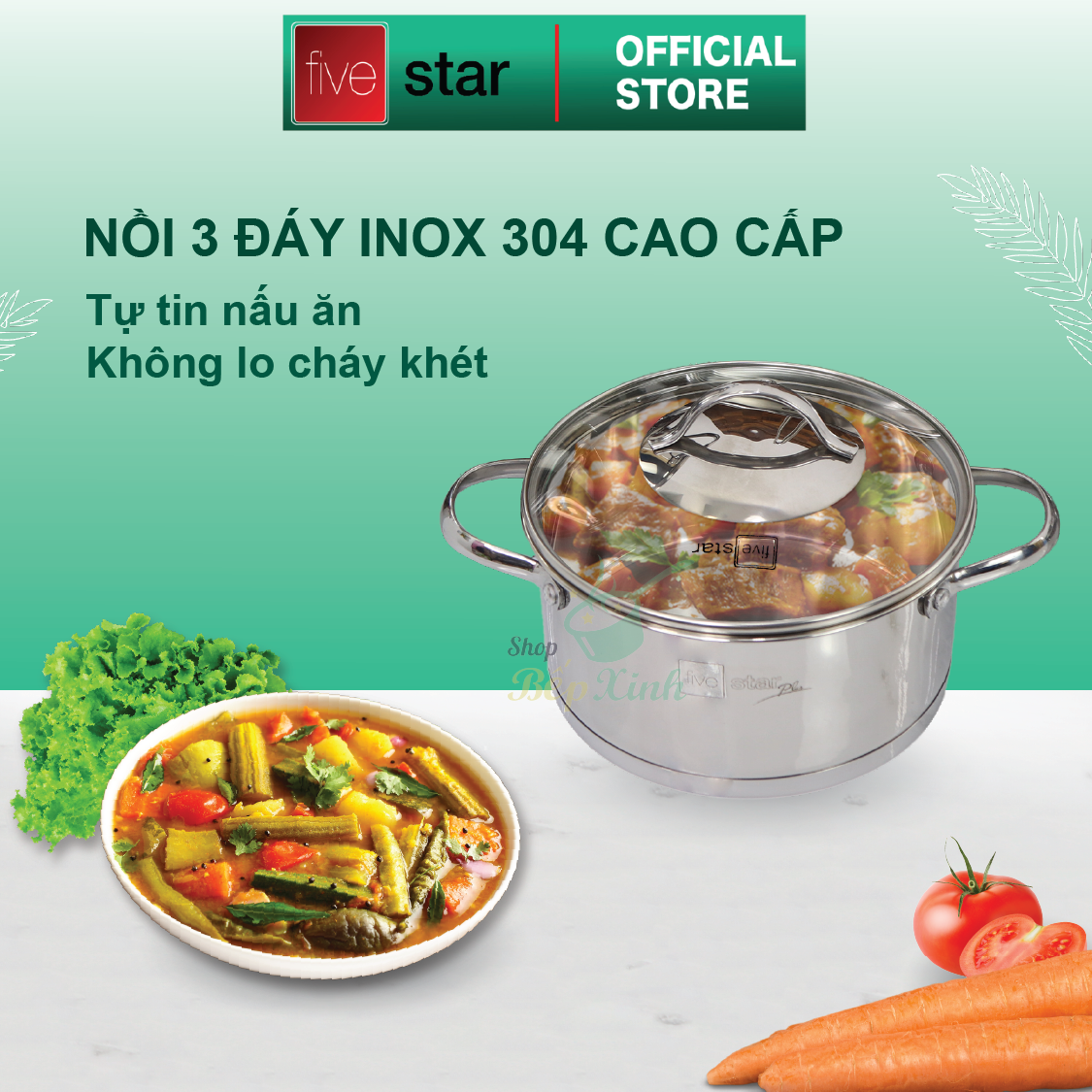 Bộ nồi inox 304 cao cấp FIVESTAR Plus quai oval kiểu Silit 5 món nắp kính ( tặng 1 vá canh )