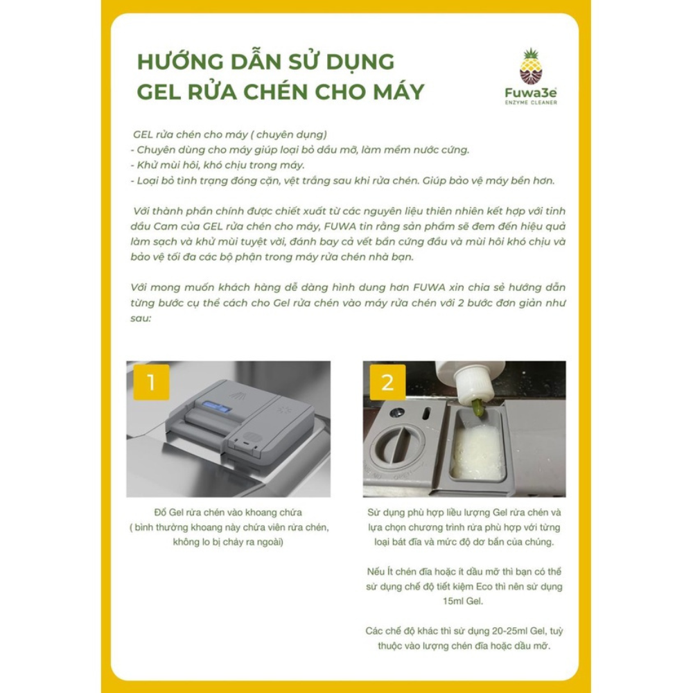 Nước rửa bát cho máy rửa chén bát Fuwa3e hữu cơ sinh học dạng gel 500ml