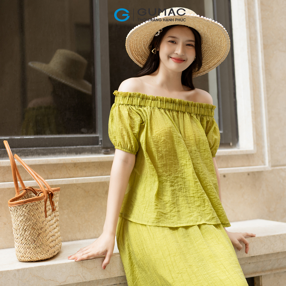 Set lẻ Áo trễ vai tay bí GUMAC AD05003 - Chân váy xòe lưng thun VD05005