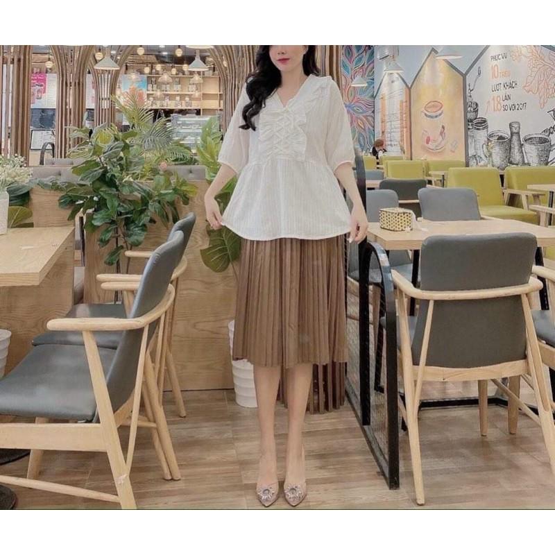 Chân váy bầu xếp ly dáng ngang gối