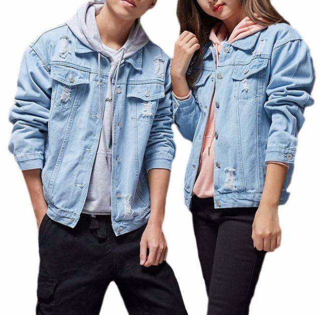 Áo khoác jeans xanh nam nữ trơn vas