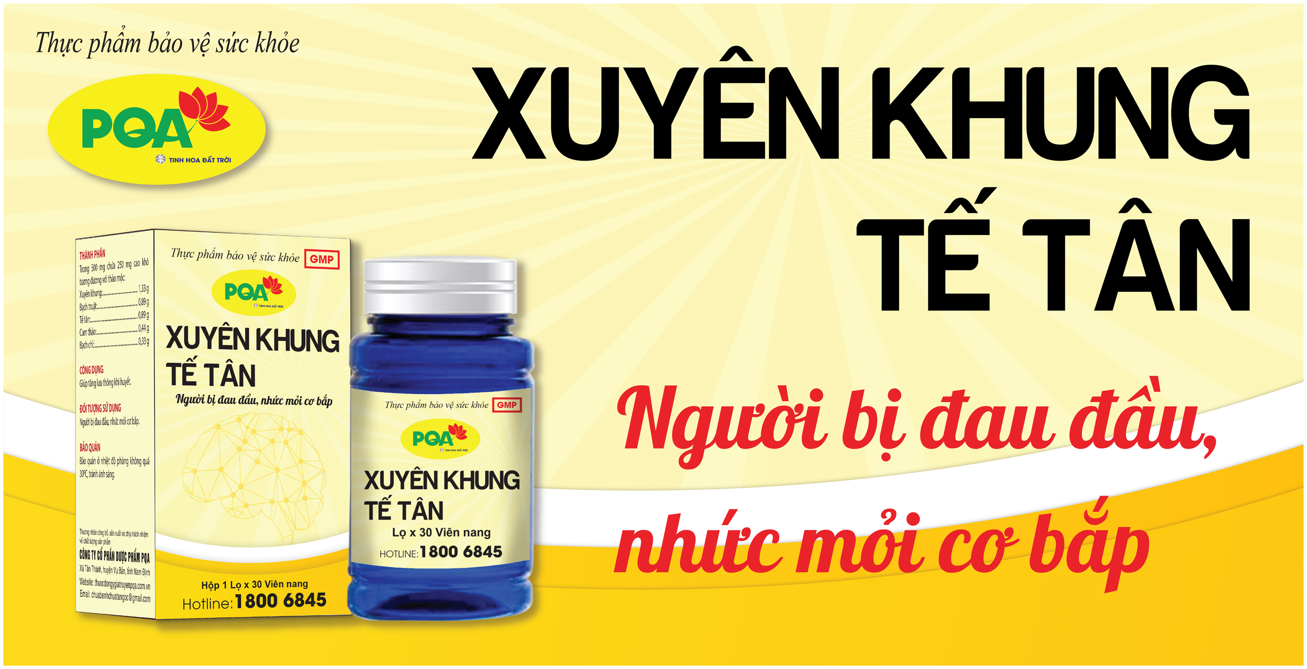 PQA Xuyên Khung Tế Tân là dược phẩm thảo dược giúp tăng lưu thông khí huyết cho người bị đau đầu, nhức mỏi cơ bắp.