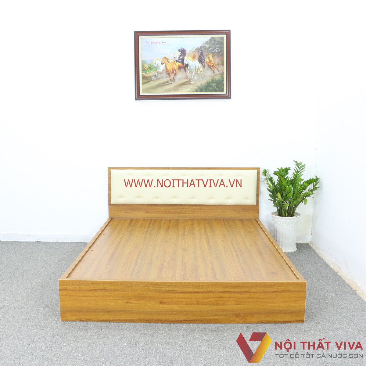 Giường Ngủ Gỗ MDF Melamine Màu Vàng Vân Gỗ Có Đầu Nệm Kem Đẹp Hiện Đại