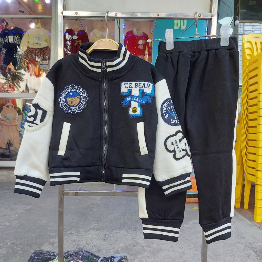 Bộ nỉ bé trai lót lông 2-7 tuổi thêu đáp logo và chữ TEBEAR, Đồ bộ cho bé vải cao cấp không bai xù dáng thể