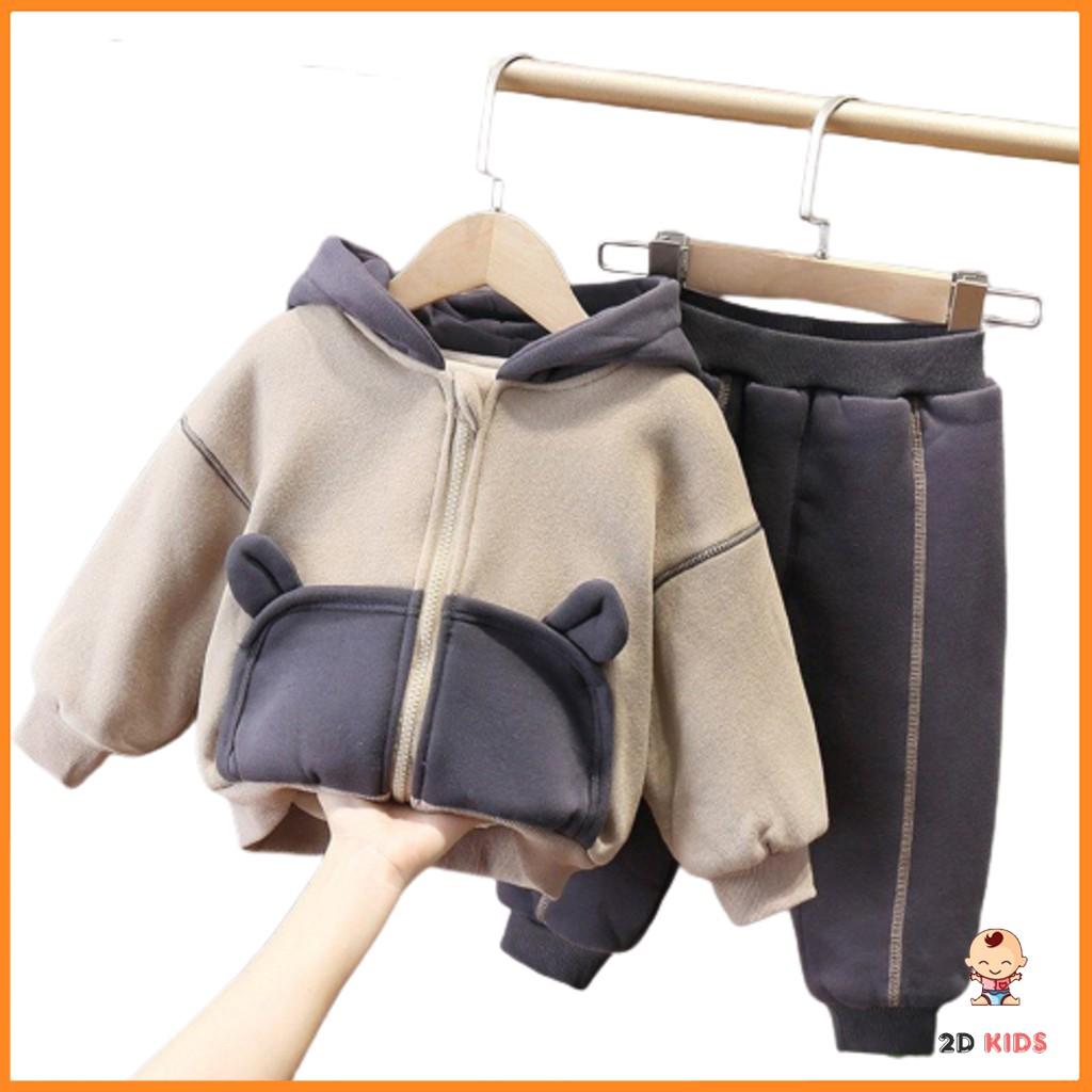 Bộ Nỉ Bông Có Mũ Tai Gấu Cho Bé 2D KIDS, Bộ Mùa Đông Áo Khoác Có Mũ Bé Trai, Bé Gái Từ 6-28Kg