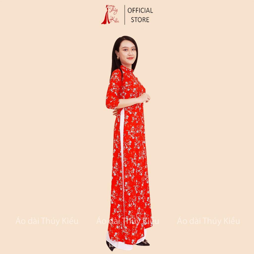 Áo dài may sẵn thiết kế nữ đẹp cách tân tết đỏ hoa nhí HN05 Thúy Kiều mềm mại, co giãn, áo dài giá rẻ