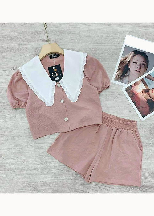 Set Đồ Bộ Áo Cổ Phối Bèo Kèm Quần Lưng Thun Thời Trang