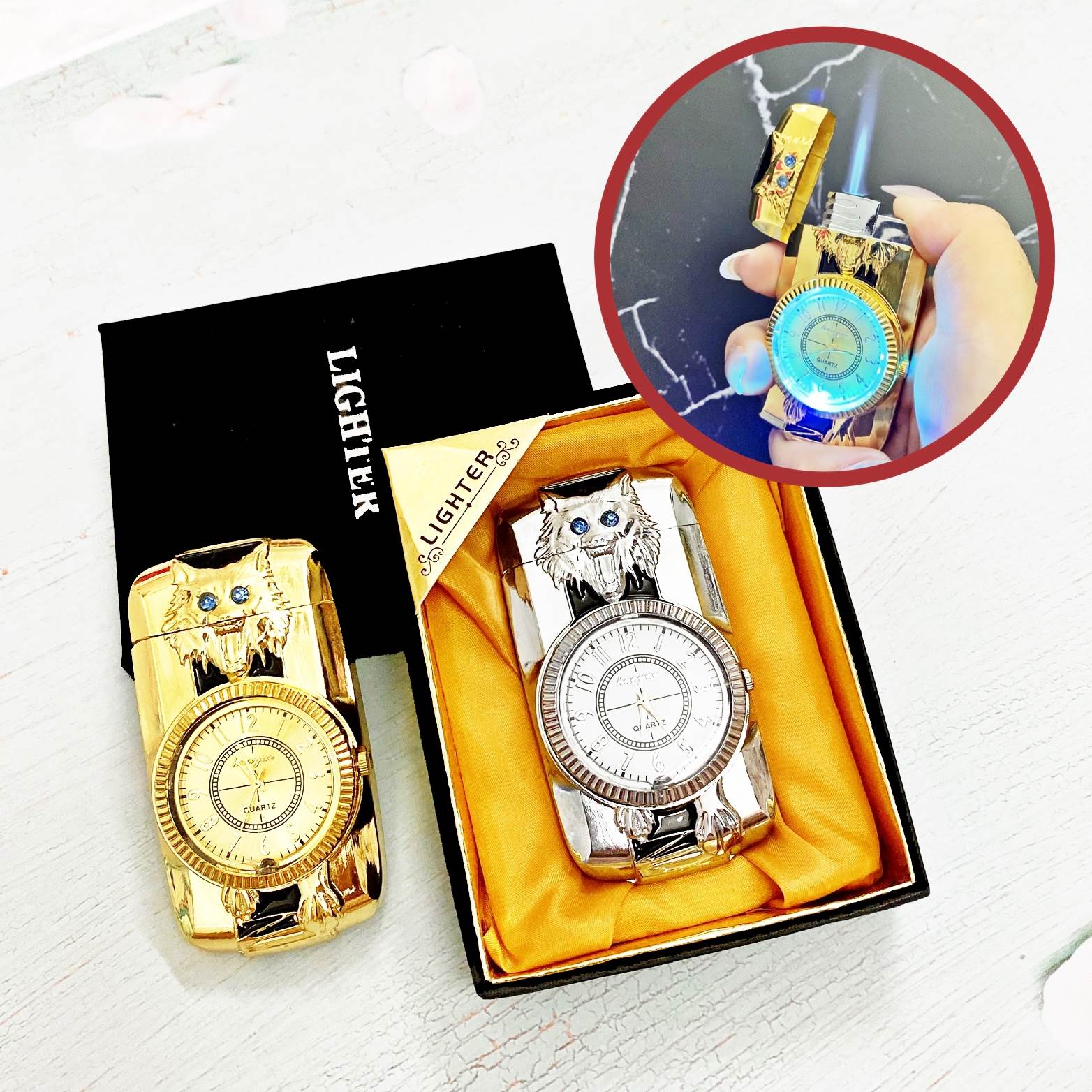 Bật lửa hột quẹt khè đồng hồ 2IN1 hình chó sói có đèn Led nhấp nháy - xài ga
