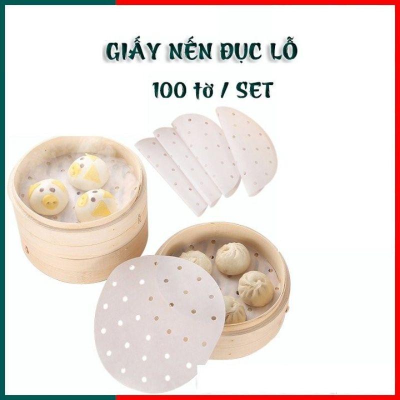 100 tờ Giấy nến đục lỗ Giấy nến tròn lót xửng hấp, nồi chiên không dầu, hấp bánh bao