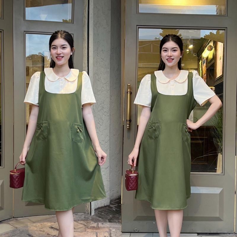 Đầm bầu yếm liền cổ sen phối túi đính nơ form suông thanh lịch chất cotton lạnh Váy Bầu Xinh - Nâu