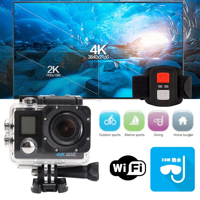 Camera thể thao 4K HD DV 30M Lặn máy ảnh màn hình kép trên không với điều khiển từ xa WiFi Máy ảnh hành động chống thấm nước cho xe đạp mũ bảo hiểm