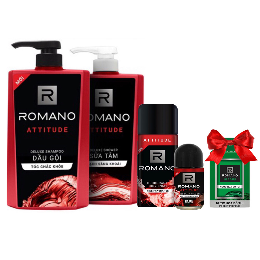 Bộ Romano Attitude: Dầu gội 650g, sữa tắm 650g, xịt khử mùi 150ml,lăn khử mùi 50ml +Tặng kèm nước hoa bỏ túi 18ml