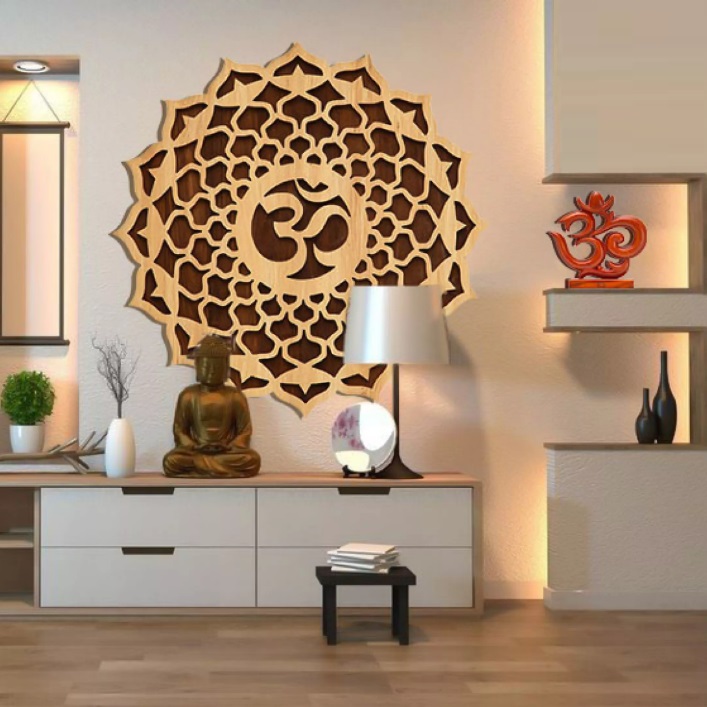 Tranh Gỗ Mandala Chữ Om TreoTấm gỗ điêu khắc Hoa Mandala chữ Om Omkar treo tường decor trang trí phòng yoga nhà cửa quán cafe homestay