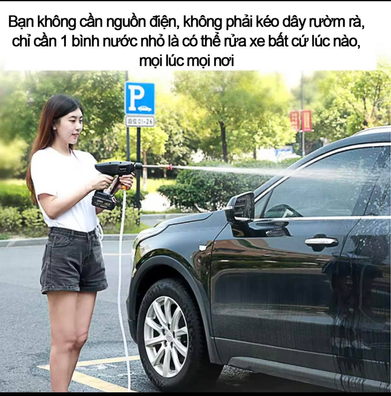 Máy rửa xe mini cầm tay dùng pin đa năng rửa xe, vệ sinh, tưới cây - Vòi phun áp lực mạnh công suất 1800WW