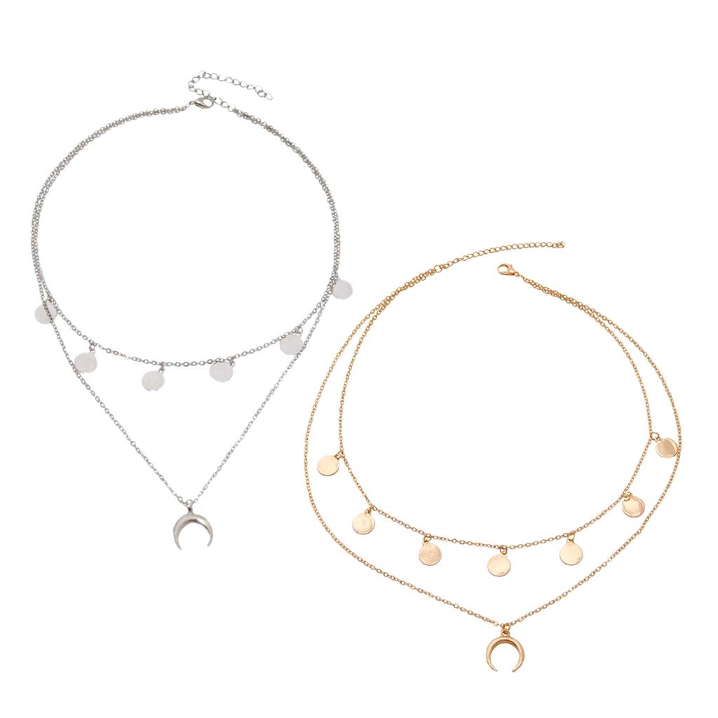 Moon Pendant Mini Disc Choker Chain Double Layer Clavicle Necklace Golden